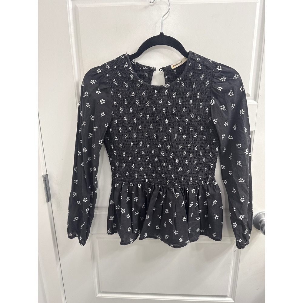 Marine Layer Black Floral Smocked Peplum Long Sleeve Blouse Top‎ Small